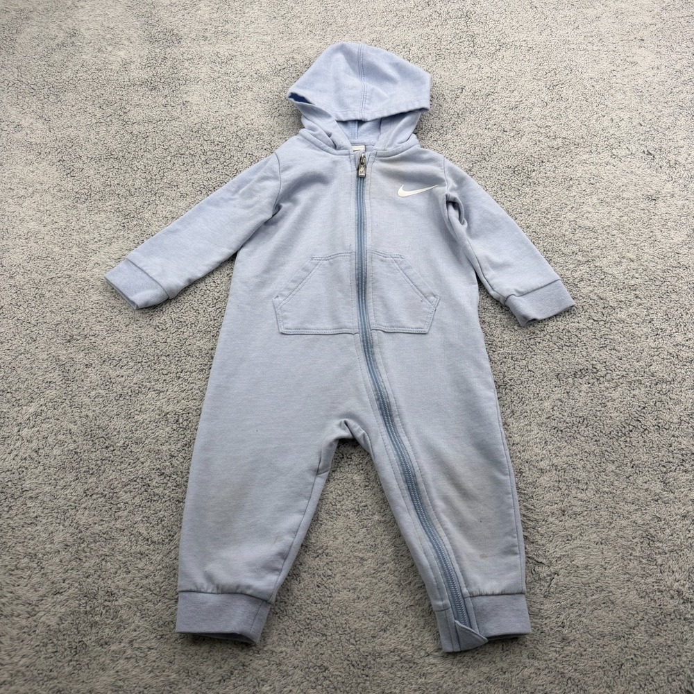 Nike Essentials Hooded Coverall Baby 12 Months Light Blue Swoosh Zip One Piece